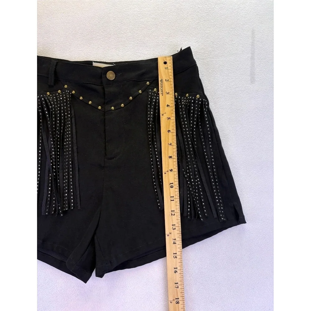 Sterling & Stitch Women's Black Studded Fringe Western Shorts M Western Rodeo
